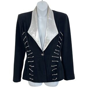 Caché Blazer Women Small Black Silver Metallic Leather Lapel Hook Hardware Edgy